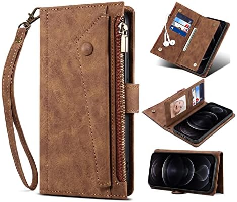 Чанта-портфейл с панти капак за телефон, Съвместим с iPhone 12/12 pro, Калъф с цип с отделение за карти с RFID заключване, Чантата на магнитен цип-джоб с каишка-гривната, Ретро
