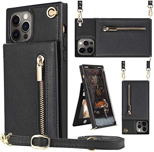 HOGGU е Съвместим с калъф-чанта за iPhone 13 Pro, Кожен калъф-чанта през рамо с държач за карти, чантата с цип, стойка,