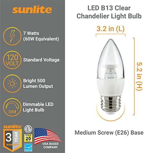 Лампа декоративна полилеи Sunlite 41775 LED B13, 7 W (60 W =), 500 Лумена, 120 Волта, с регулируема яркост, Цокъл E26,
