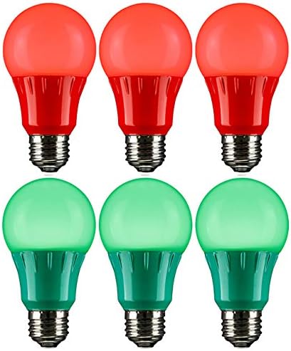 Декоративни празнични светлини Sunlite 41285-СУ, Коледно осветление, LED A19, Средна база, 3 W, посочени в UL, 6 опаковки, Червени и зелени