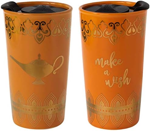 Пътна Кафеена чаша Disney Aladdin, Керамична чаша с капачка на 16 унции, с изолация To-Go, златна лампа Genie и дизайн Загадай желание - Подарък за юноши, възрастни и за Ден на май?