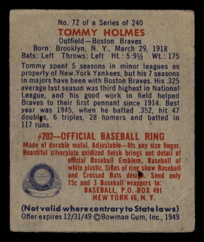 1949 Боуман 72 Томи Холмс Бостън Брейвз (Бейзболна картичка) VG Braves