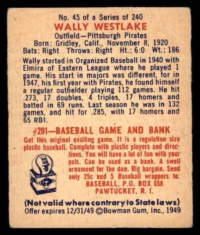1949 Боуман 45 Уоли Westlake Питсбърг Пайрэтс (Бейзболна картичка) VG Пирати