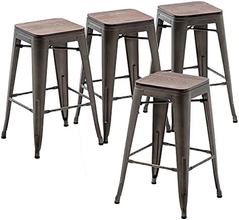 Бар столове Changjie Furniture Комплект от 4 Столове с Дървена Седалка, Без табли, Промишлени Бар Столове Височина с Плота, Штабелируемые за Кухня (26 инча, матиран черен)