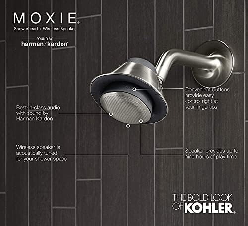 Накрайник за душ KOHLER 28238-NKE-BN Moxie Bluetooth, Водоустойчив Високоговорител за душата, честотата на въртене на 2,5 GPM, Светъл Матиран Никел