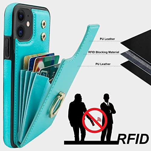 Folosu е Съвместим с калъф за iPhone 11 Чантата с държач за карти, Въртящи се на 360 ° стойка за пръстен на пръста Поставка За краката Защитно RFID Заключване Изкуствена Кожа Д?