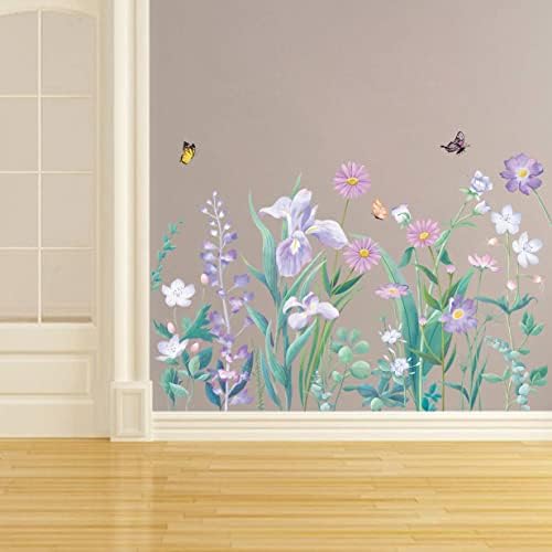 Runtoo Лилави Цветя Стикер На Стената Пеперуда Градина Цветни Стикери за Стена за Момичета Спалня Баня Детска Декора