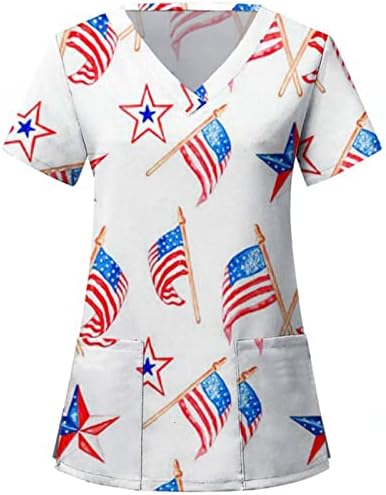 Женска Тениска с Флага на САЩ 4 Юли, Лятна Тениска с Къс Ръкав и V-образно деколте и 2 Джобове, Блуза, Топ, Празнична