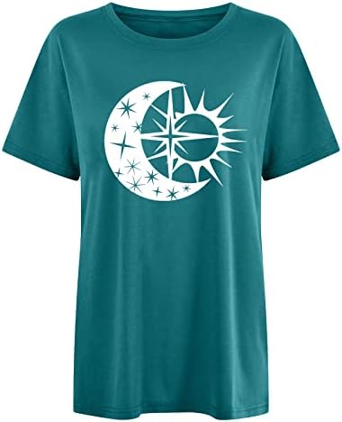 Дамски Свободна Тениска Оверсайз с принтом на Слънцето и Луната, Ежедневни тениски С Къс ръкав и кръгло деколте, Върхове