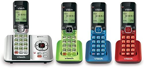 Безжичен телефон VTech CS6529-4B с 4 тръби DECT 6.0, гласова поща и номер на обаждащия се, с възможност за удължаване до 5 тръби, Монтирани на стената, син/Зелен / Червен / Сребрис