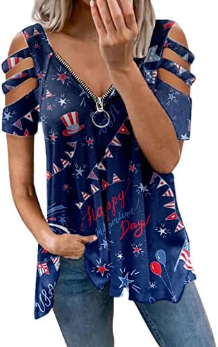 На 4 юли, Туники с Флага на САЩ, на Женската Риза, Прикрива Мазнини по Корема, Лятна Ежедневни Празнична Блуза с Къс Ръкав и V-образно деколте и копчета, Топ