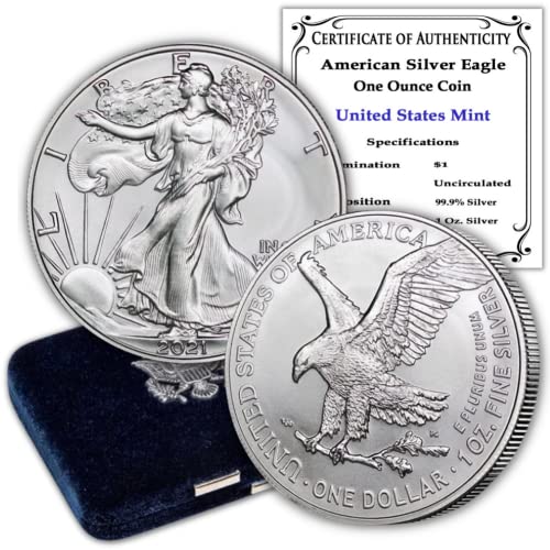 2021 Сребърни монети Американски Орел с тегло 1 унция, Брилянт, без лечение (BU - Type 2 - в капсули) в картонена кутия