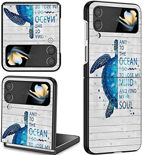 Калъф BWOOLL за Galaxy Z Flip 4, Забавни Надписи със Синя Морска Костенурка в Село дървена дъска, Монтиране на Твърд