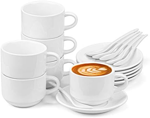 Hedume 6 Опаковки, Чаши за еспресо с обем 5 грама с Чинии и Лъжици, Определени Штабелируемых кафеени чаши за еспресо за Маркови кафе напитки, кафе лате, кафе мока и чай