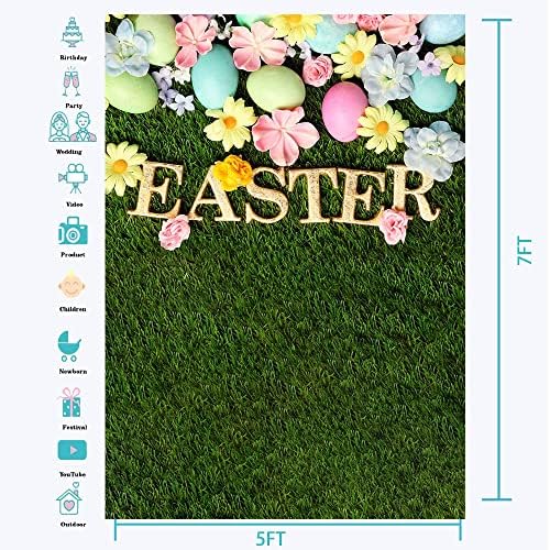 VOUORON 5x7ft Щастливи Великденски Фонове, за Снимки Зелена Трева Свежи Цветя Снимка Фон, Пъстри Яйца Банер за Душата